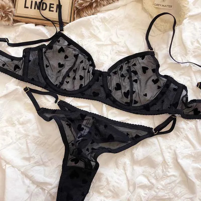 Ultra-Thin Transparent Push-Up Bra & Thong Set with Hearts