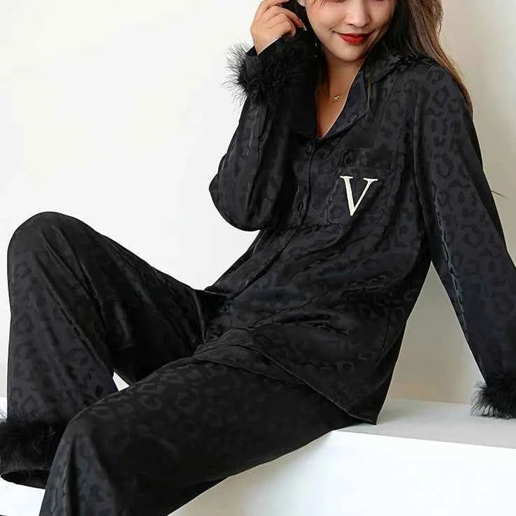 Luxury Feather Print Satin Pajama Set - SHOPPERS' CASTLE