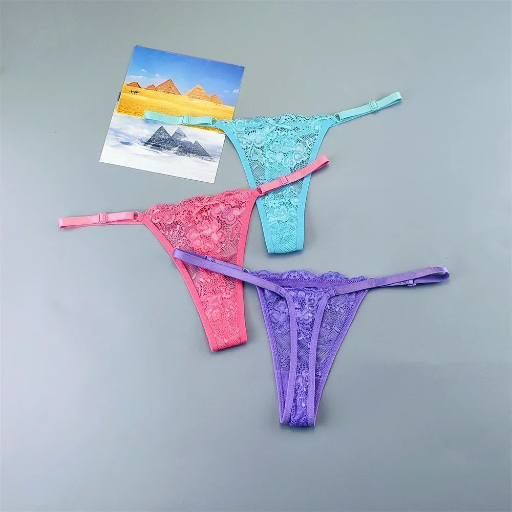 3PCS Adjustable Sexy Transparent Thong Panties Women Lace Underwear Low Waist Female T-back String Underpants - SHOPPERS' CASTLE