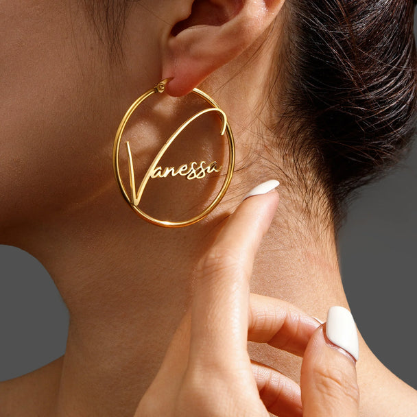Custom Name Big Circle Hoop Earrings - Stainless Steel - SHOPPERS' CASTLE