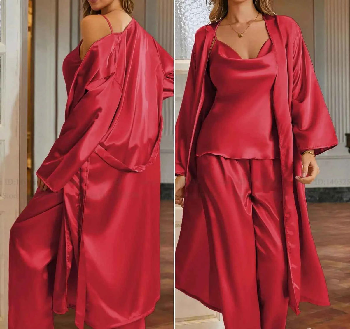 3-Piece Robe Pajama Set with Long Robe - SHOPPERS' CASTLE