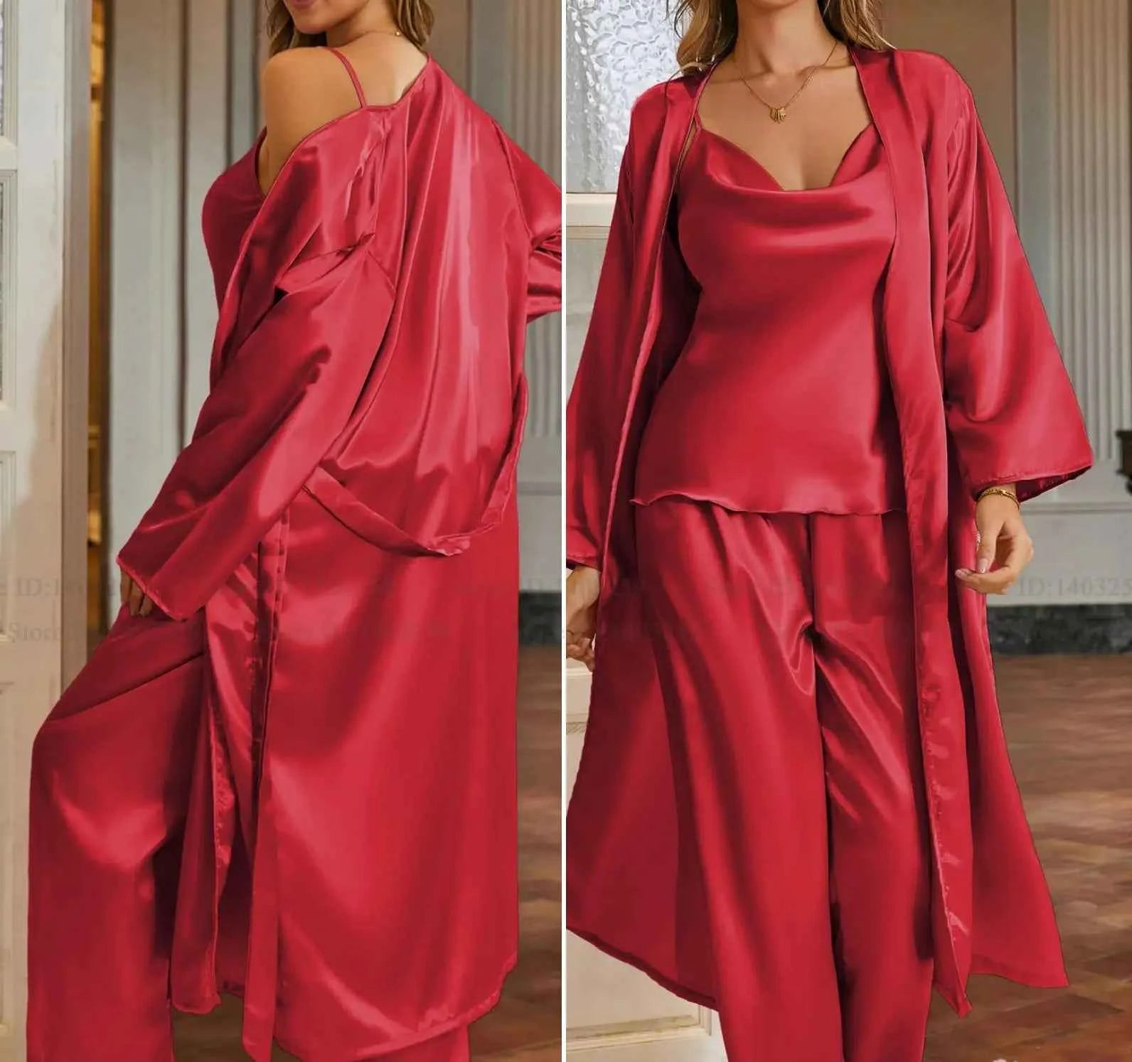 3-Piece Robe Pajama Set with Long Robe - SHOPPERS' CASTLE