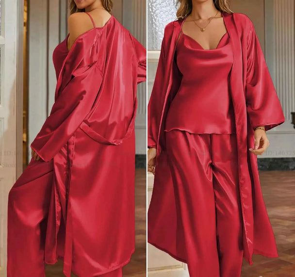 3-Piece Robe Pajama Set with Long Robe - SHOPPERS' CASTLE