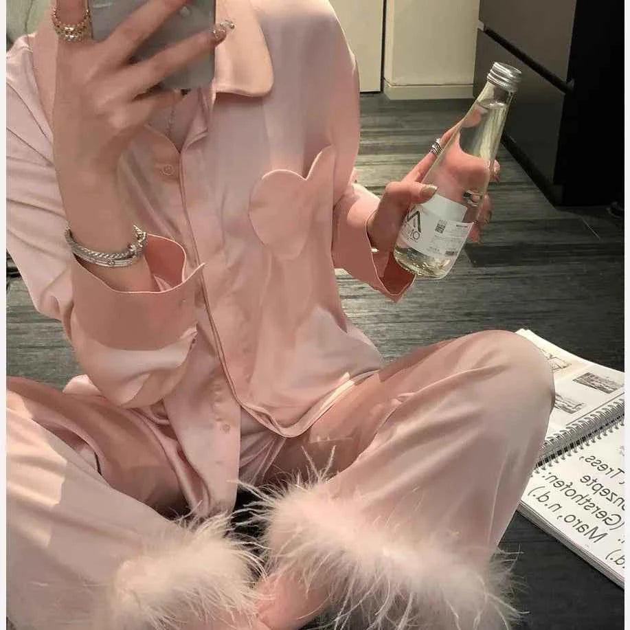Luxury Feather Print Satin Pajama Set - SHOPPERS' CASTLE