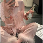Luxury Feather Print Satin Pajama Set - SHOPPERS' CASTLE