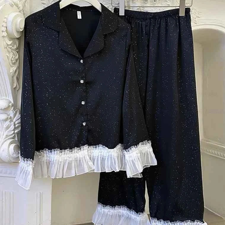 French Style Lace Trim Satin Pajama Set - SHOPPERS' CASTLE