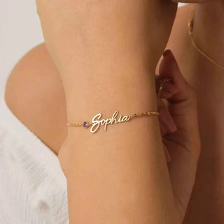 Custom Birthstone Pearls Name Bracelet - Nameplate