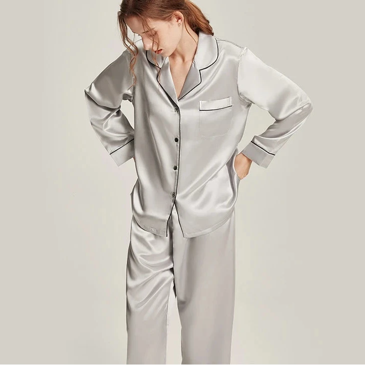 6A Grade 19mm Silk Pajama Set - V-Neck Long Sleeve Luxury Sleepwear