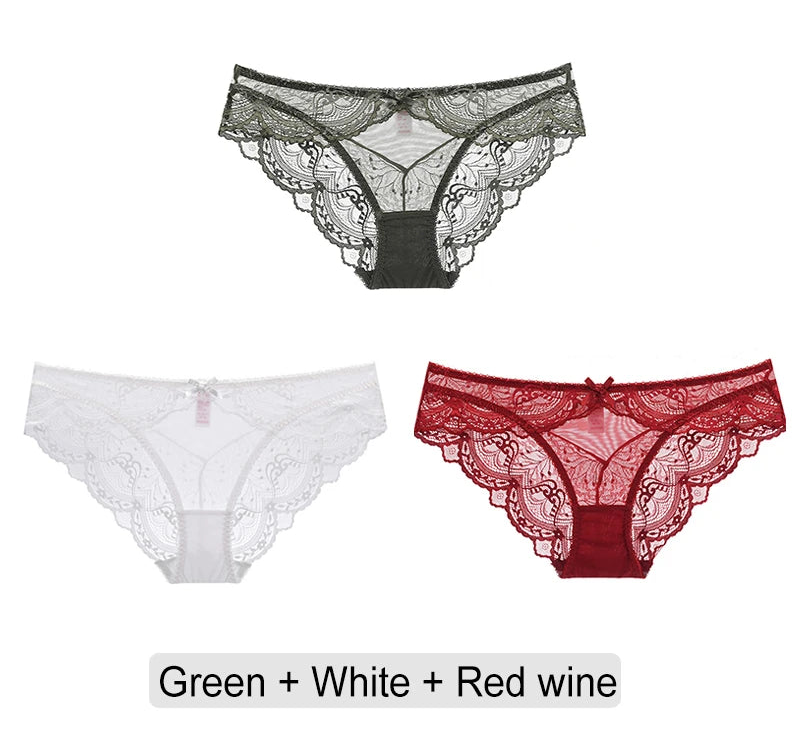 Embroidered Lace Brief Trio - White, Black & Green - SHOPPERS' CASTLE