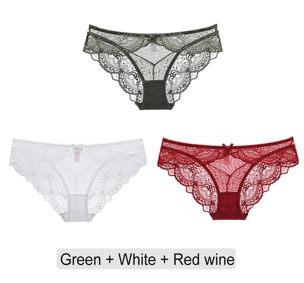 Embroidered Lace Brief Trio - White, Black & Green - SHOPPERS' CASTLE