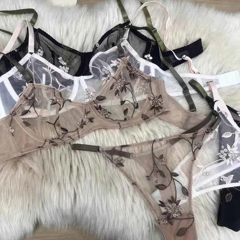 Mesh Leaf Embroidery Bralette & T-Back Set