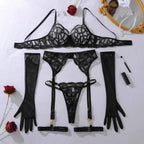 Embroidered Mesh Lingerie Set - 5 Piece