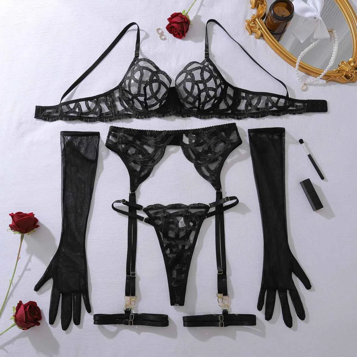Embroidered Mesh Lingerie Set - 5 Piece