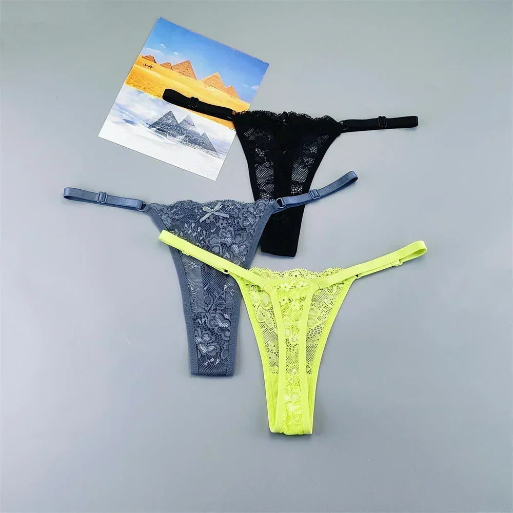3PCS Adjustable Sexy Transparent Thong Panties Women Lace Underwear Low Waist Female T-back String Underpants - SHOPPERS' CASTLE