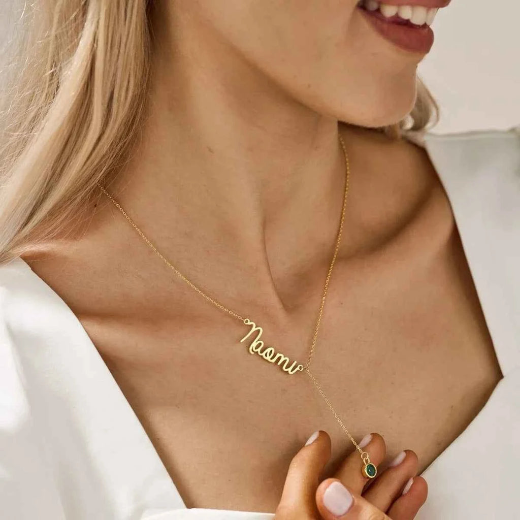 Custom Birthstone Name Extended Clavicle Chain - Nameplate
