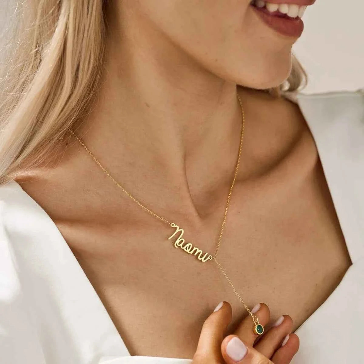 Custom Birthstone Name Extended Clavicle Chain - Nameplate