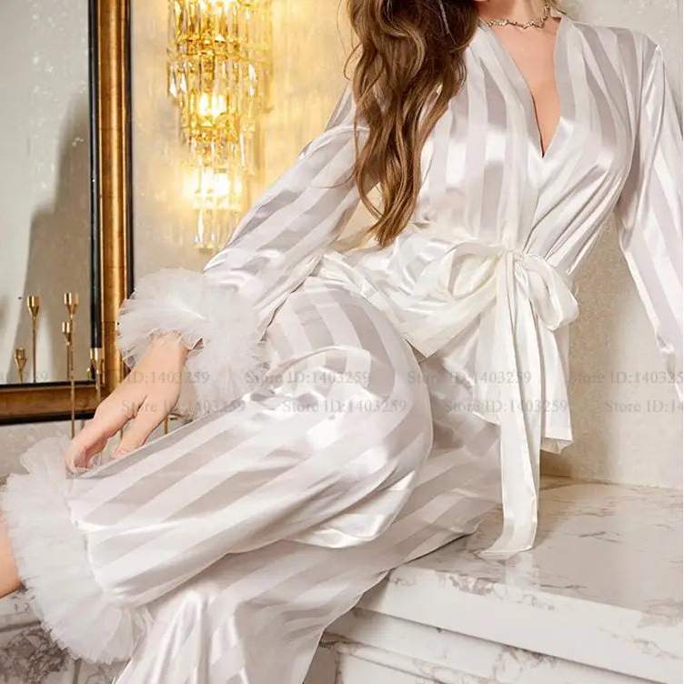 Striped Lace Trim Satin Pajama Set - SHOPPERS' CASTLE