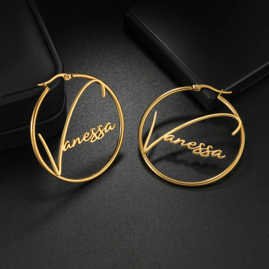 Custom Name Big Circle Hoop Earrings - Stainless Steel - SHOPPERS' CASTLE