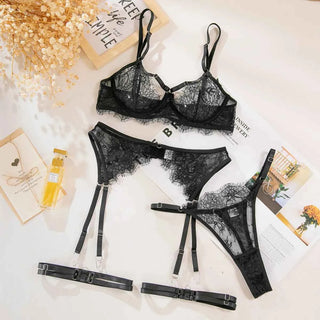 Floral Lace Bra Garter Belt & Thong Set