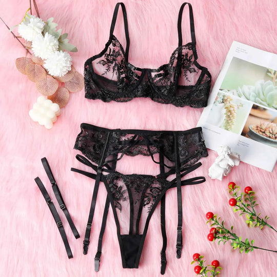 Strappy Lace Bra & Garter Set