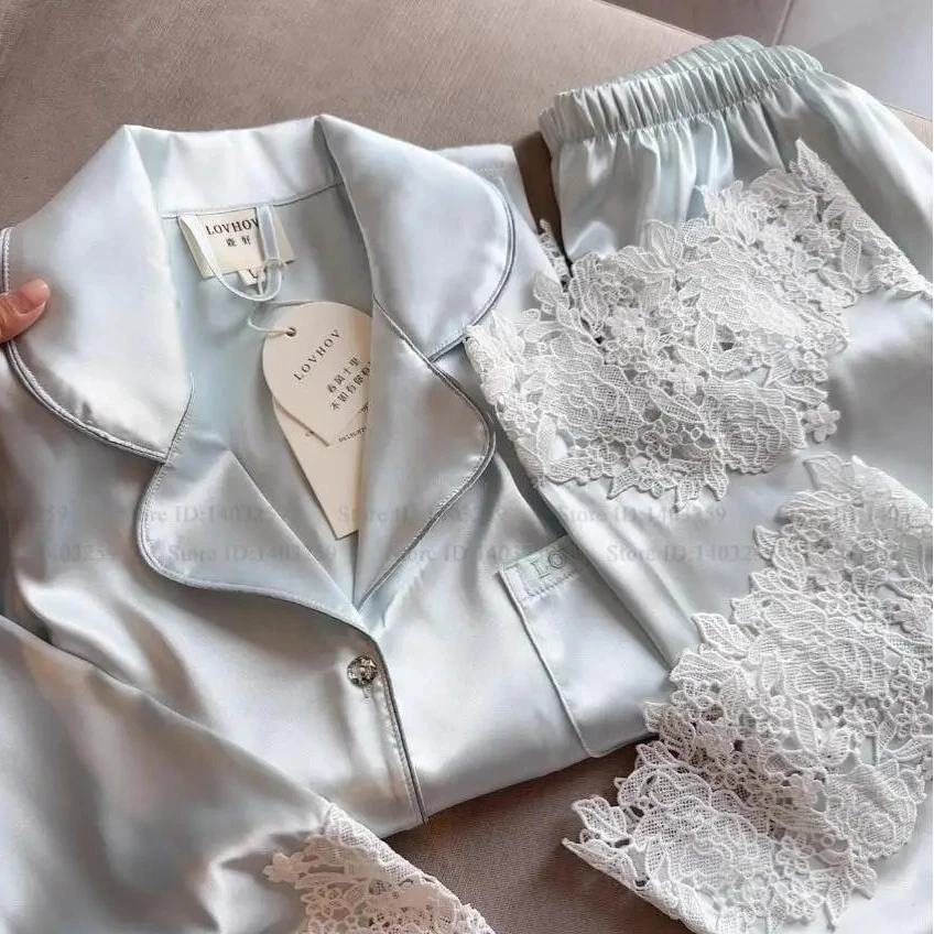 Lace Trim Satin Pajama Set - SHOPPERS' CASTLE