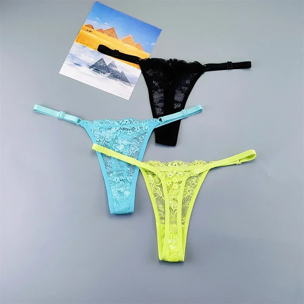 3PCS Adjustable Sexy Transparent Thong Panties Women Lace Underwear Low Waist Female T-back String Underpants - SHOPPERS' CASTLE