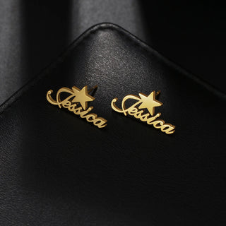 Custom Name Stud Earrings with Frosted Heart & Star - Stainless Steel - SHOPPERS' CASTLE