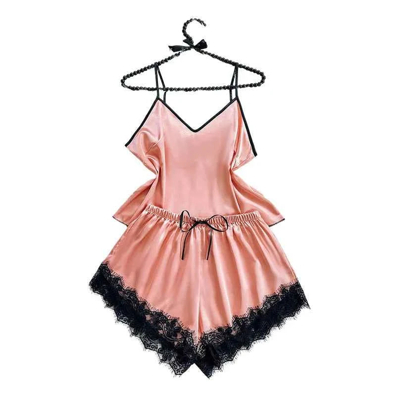 Silk Lace Cami Shorts Set - Summer Elegance Sleepwear - SHOPPERS' CASTLE