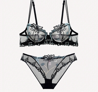 See-Through Flowers Embroidery Bra Set - Plus Size - SHOPPERS' CASTLE