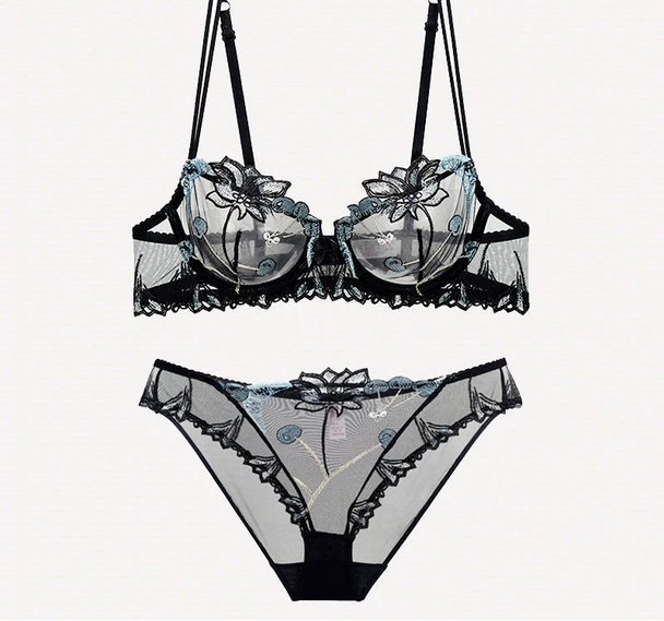 See-Through Flowers Embroidery Bra Set - Plus Size - SHOPPERS' CASTLE