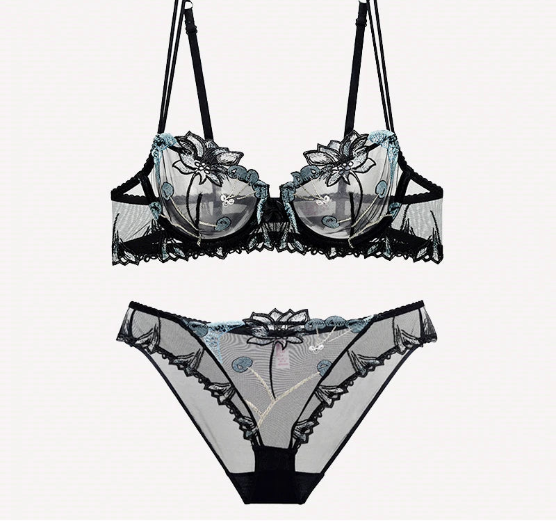 See-Through Flowers Embroidery Bra Set - Plus Size - SHOPPERS' CASTLE