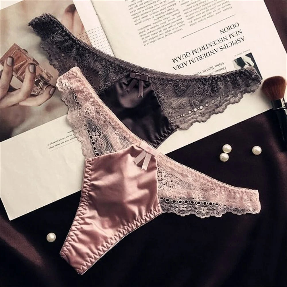 Hollow Lace Sexy Glossy Satin Silk Smooth Thong Women Sexy Low Waist G-string Underwear Bow Seamless Lingerie - SHOPPERS' CASTLE