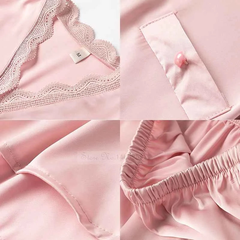 Solid Satin Pajama Set with Lace Trim - SHOPPERS' CASTLE
