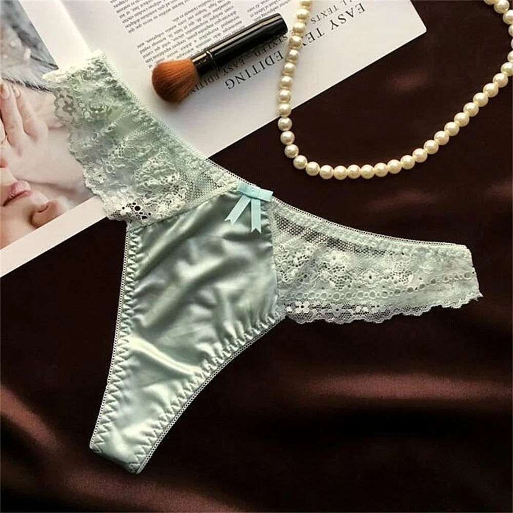 Hollow Lace Sexy Glossy Satin Silk Smooth Thong Women Sexy Low Waist G-string Underwear Bow Seamless Lingerie - SHOPPERS' CASTLE