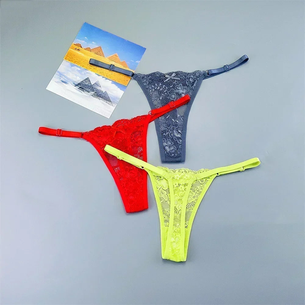 3PCS Adjustable Sexy Transparent Thong Panties Women Lace Underwear Low Waist Female T-back String Underpants - SHOPPERS' CASTLE
