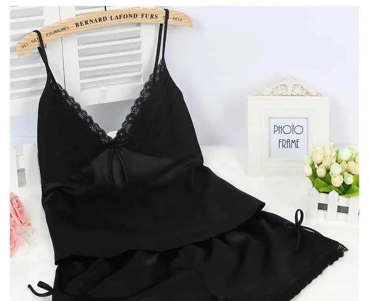 Lace Trim Suspender Pajama Set - SHOPPERS' CASTLE