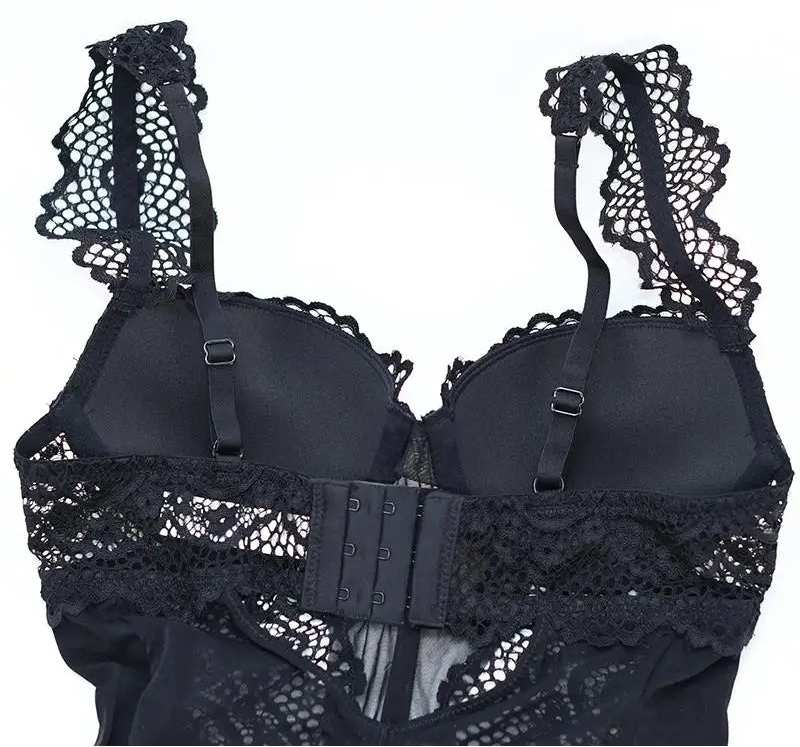 White Bustier Embroidery Bodysuit with Push-Up Bra - SHOPPERS' CASTLE