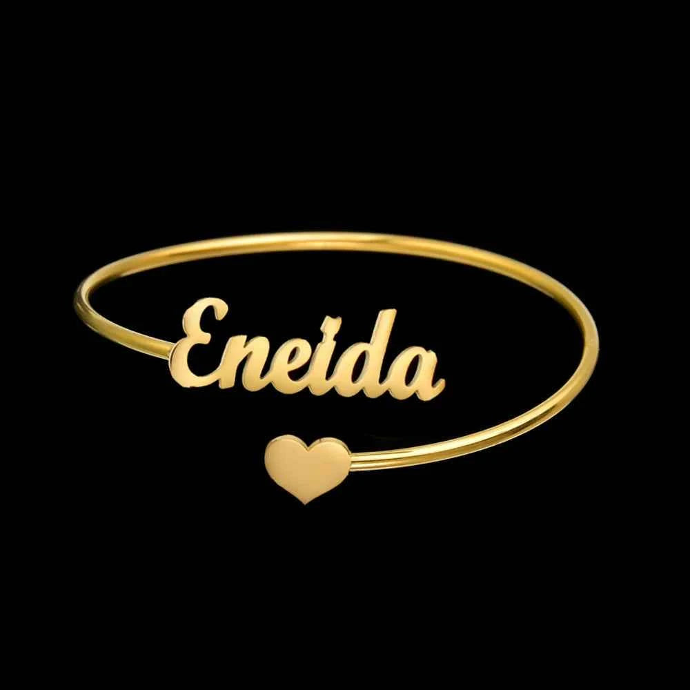 Personalized Name Open Adjustable Bangle - Heart & Letter
