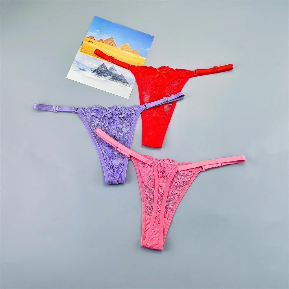 3PCS Adjustable Sexy Transparent Thong Panties Women Lace Underwear Low Waist Female T-back String Underpants - SHOPPERS' CASTLE