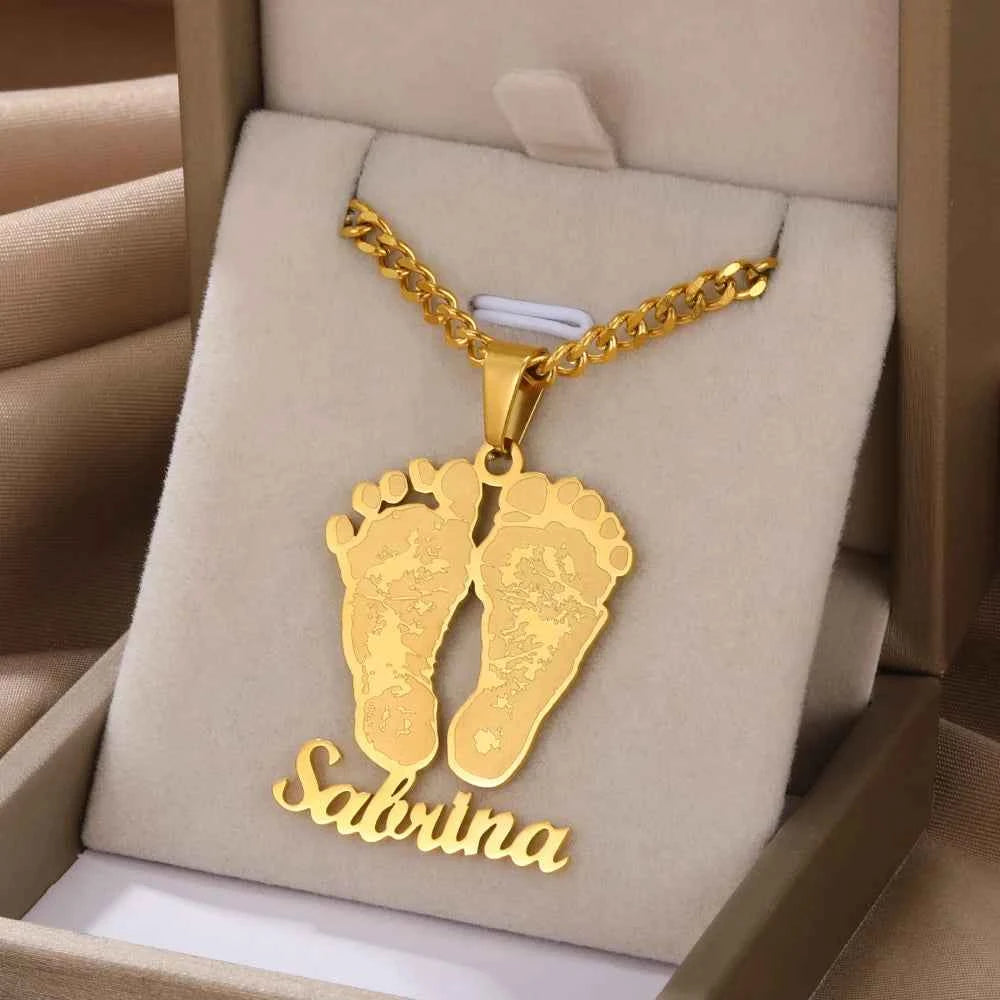 Custom Name Baby Feet Necklace - Nameplate Pendant