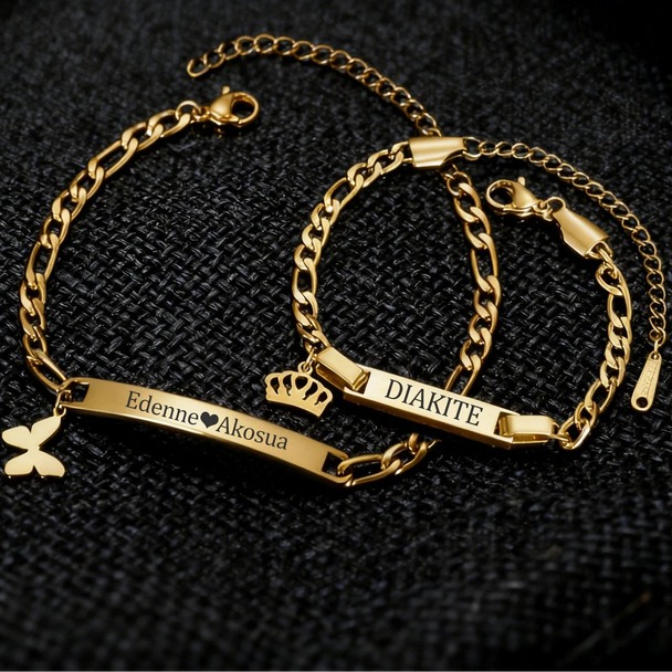 Engrave Name Heart Figaro Chain Bracelet - Adjustable