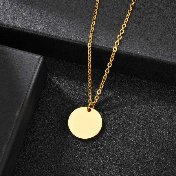 Custom Name Engrave Pattern Coin Circle Pendant Necklace - Chain