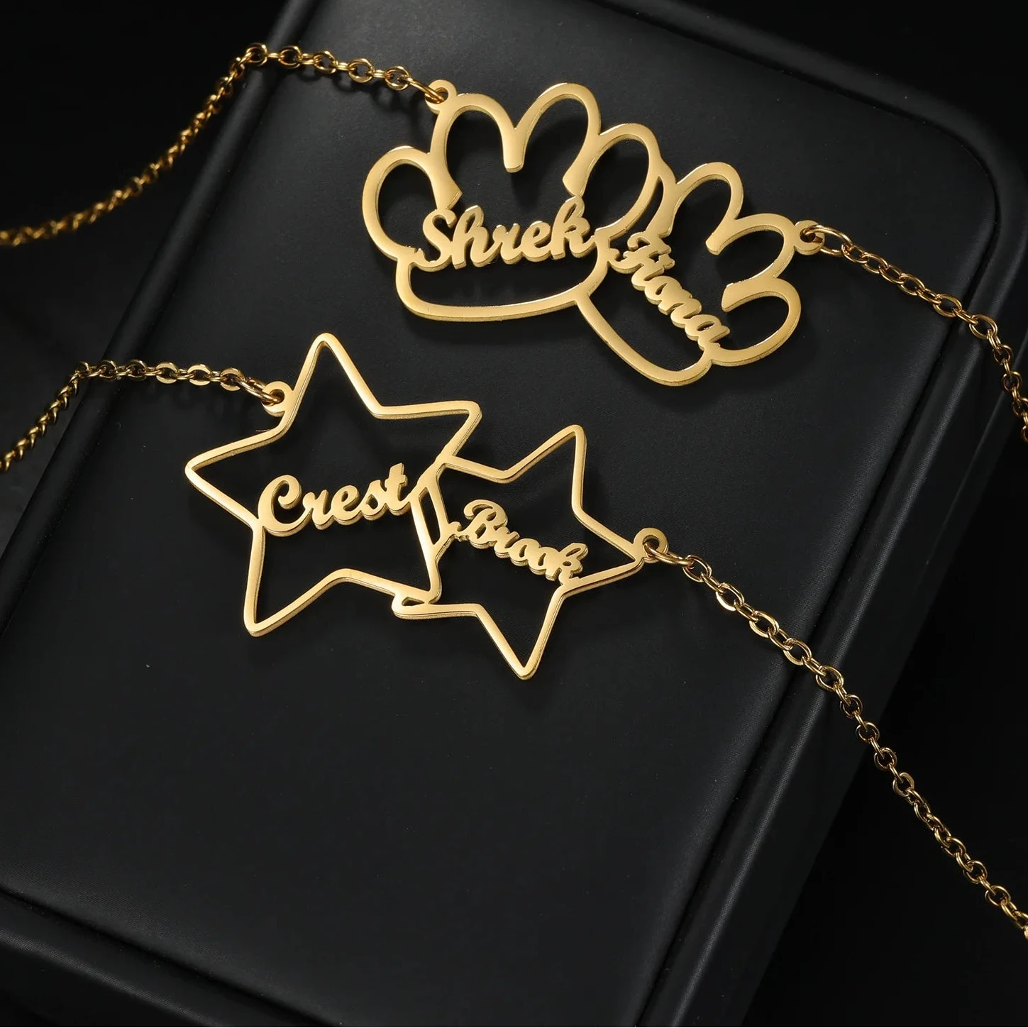 Custom 2 Names Star Heart Paw Choker - Link Chain
