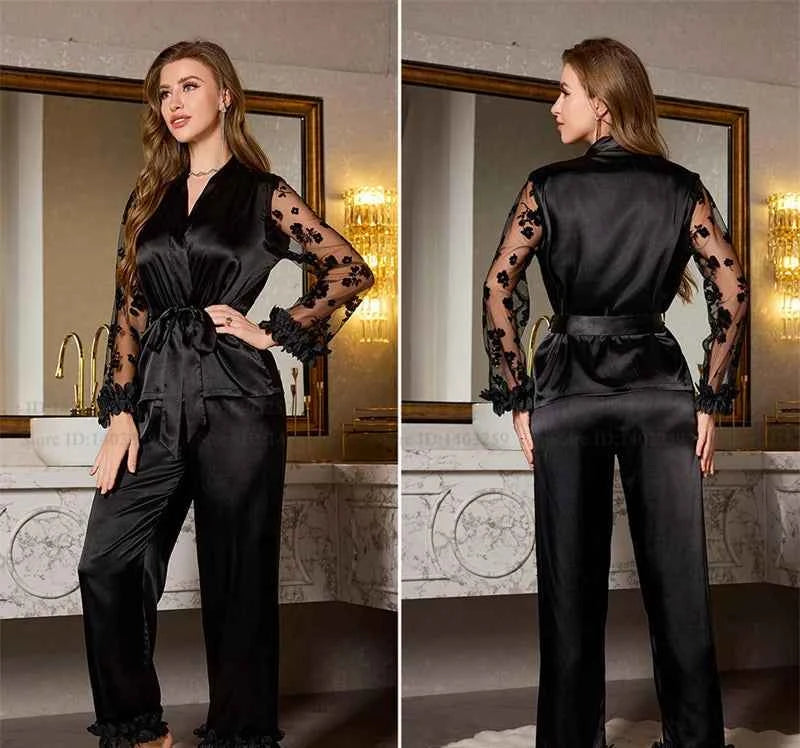 Striped Lace Trim Satin Pajama Set - SHOPPERS' CASTLE