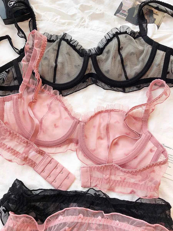 French Ultra-Thin Love Embroidery Bra Set - Plus Size