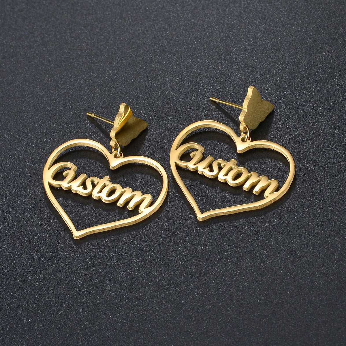 Custom Name Stud Earrings with Frosted Heart & Star - Stainless Steel - SHOPPERS' CASTLE