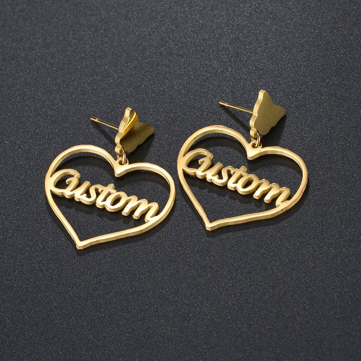 Custom Name Stud Earrings with Frosted Heart & Star - Stainless Steel - SHOPPERS' CASTLE