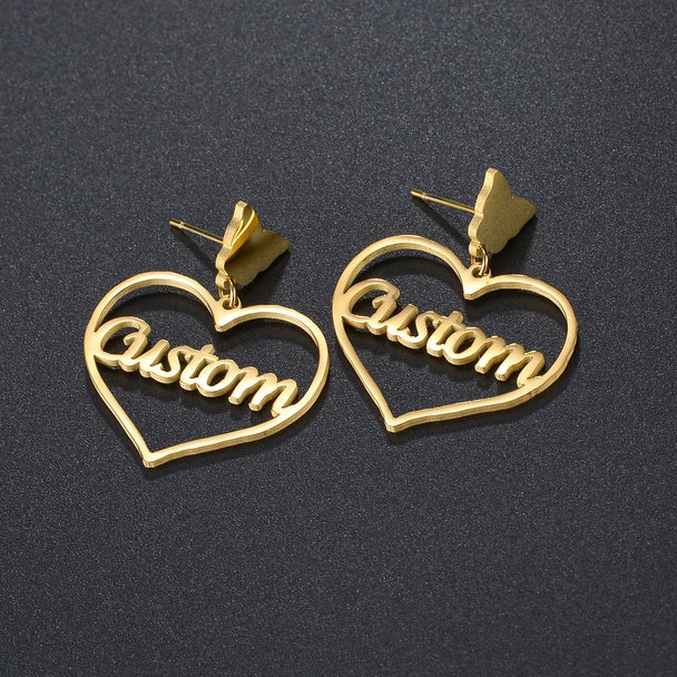 Custom Name Stud Earrings with Frosted Heart & Star - Stainless Steel - SHOPPERS' CASTLE