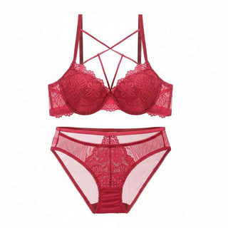Embroidery Deep V Push-Up Bra Set with Gather Support