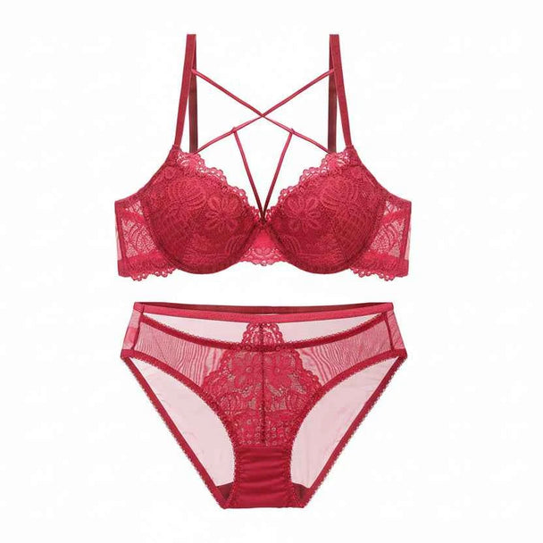 Embroidery Deep V Push-Up Bra Set with Gather Support